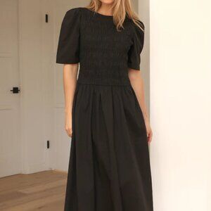 Greylin Kia Smocked Bodice Poplin Black Midi Dress